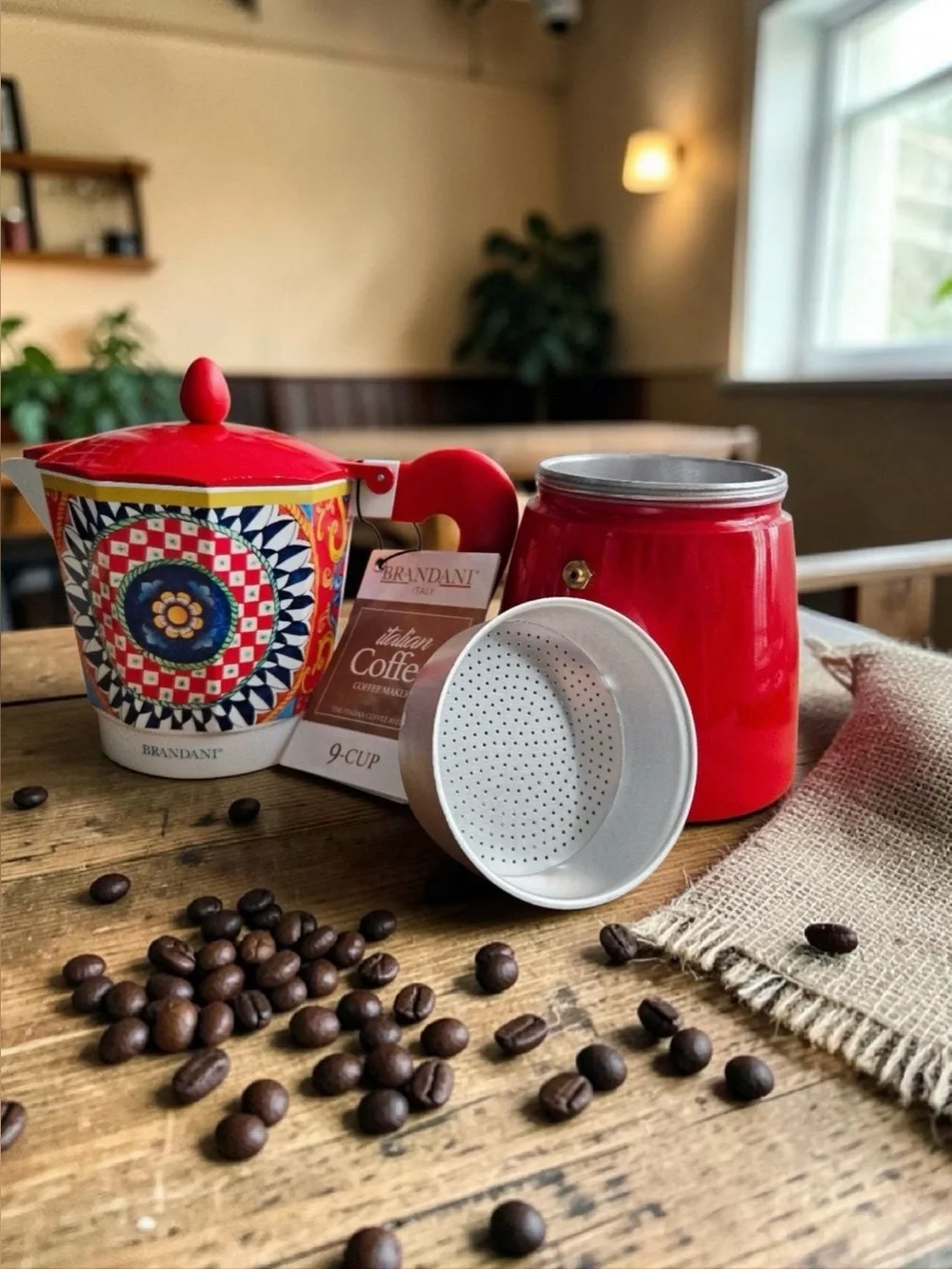 NEW Brandani 9 Cup Italian Coffee Maker Aluminum Moka Pot Sicilian Pattern Red